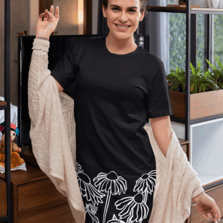 Floral T-Shirt Dress for Sunny Days and Cozy Nights – Black