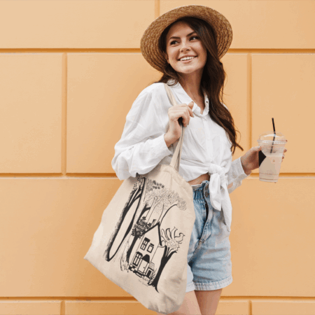 Nature-Inspired Tote Bag with Line Drawing House and Abstract Trees