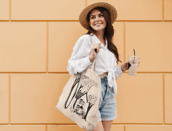 Nature-Inspired Tote Bag with Line Drawing House and Abstract Trees